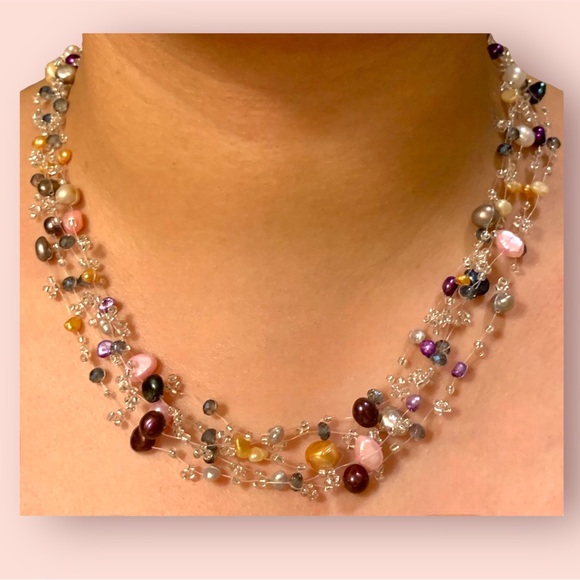 Floating Pearls Illusion Necklace Multi-strand Freshwater Pearls Multicolored - Picture 6 of 6